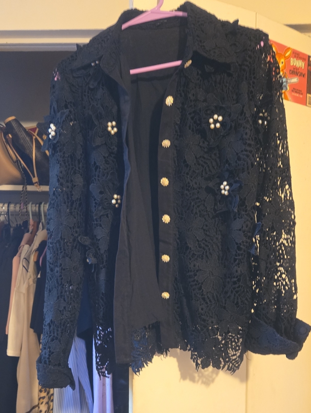 Beulah Black Crochet Lace Button-Front Shirt with Pearl Buttons